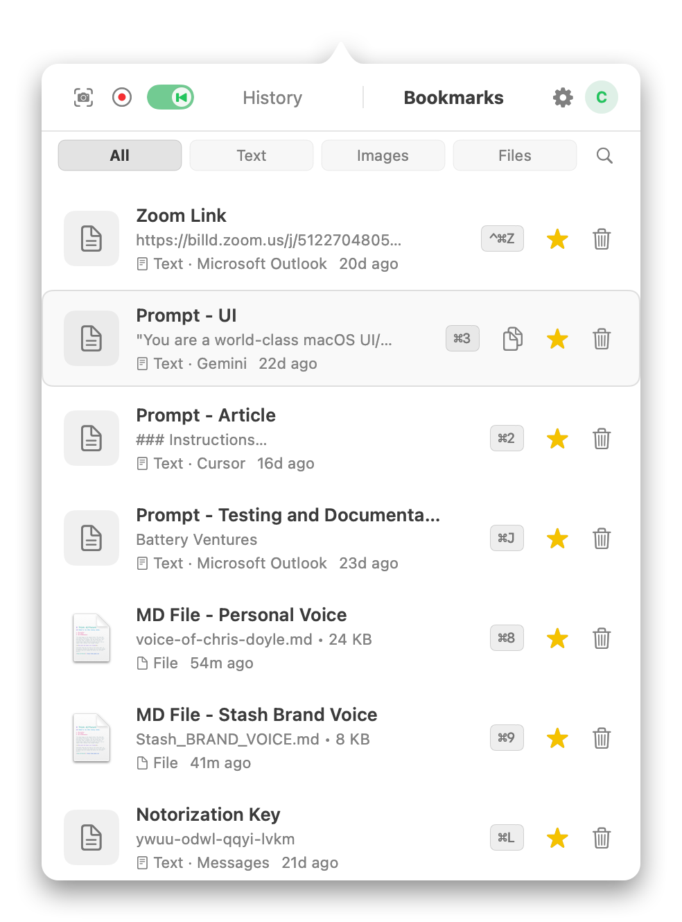 Stash bookmarks tab showing named prompts and snippets with hotkey badges for instant paste into AI coding tools